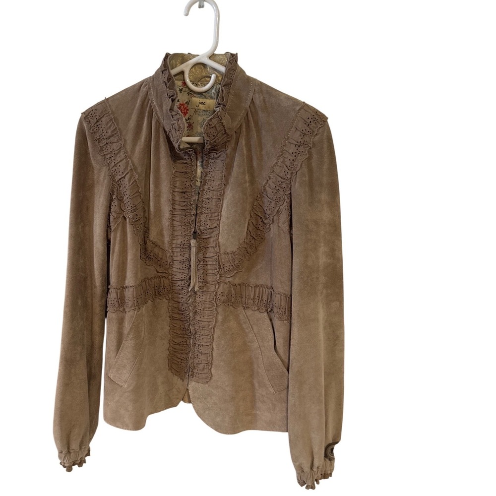 June Leather Suede Ruffle Eyelet Jacket Tan Brown Silk Lined Womens Large Boho